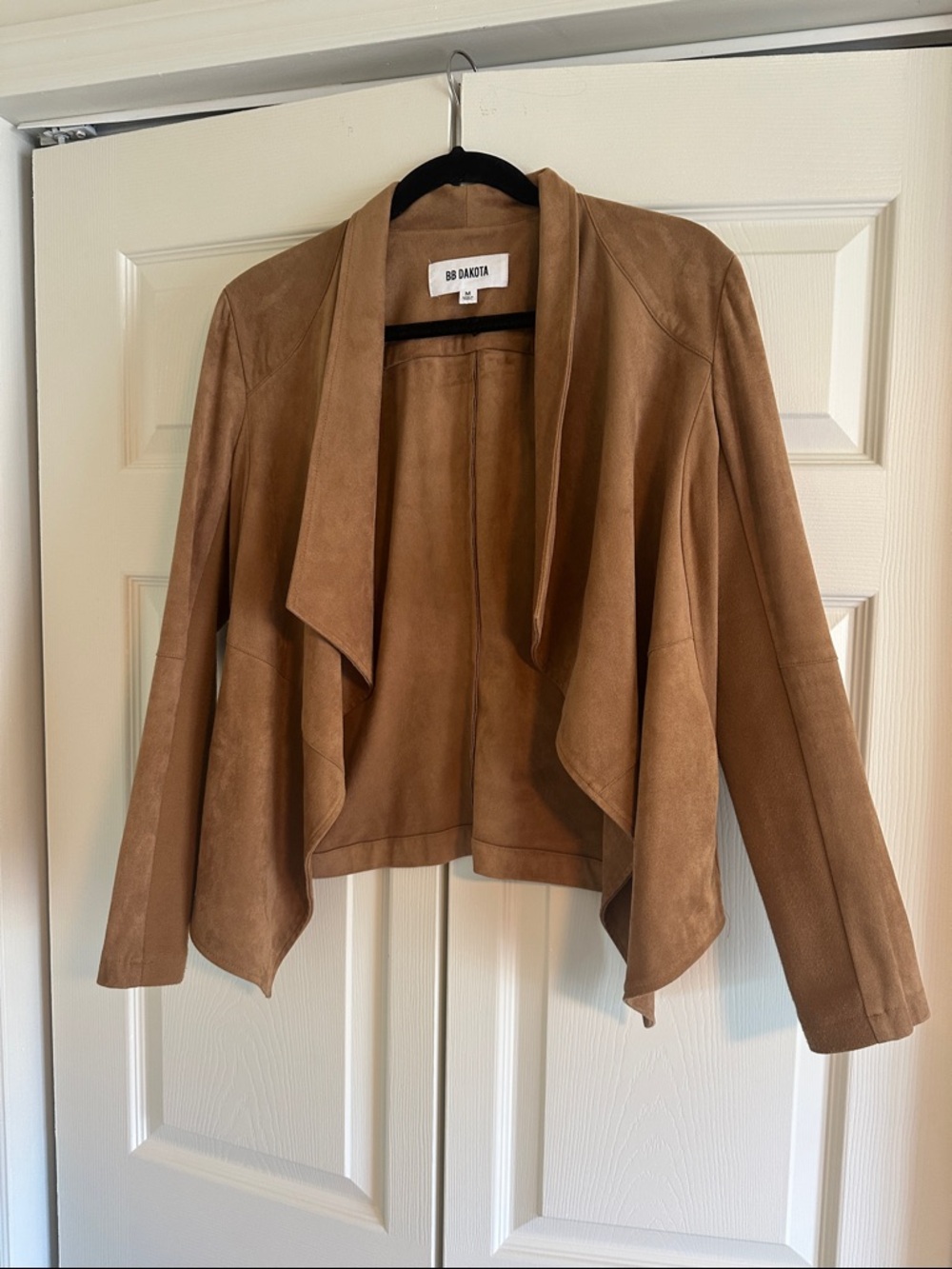 BB Dakota Camel Suede Draped Open-Front Jacket